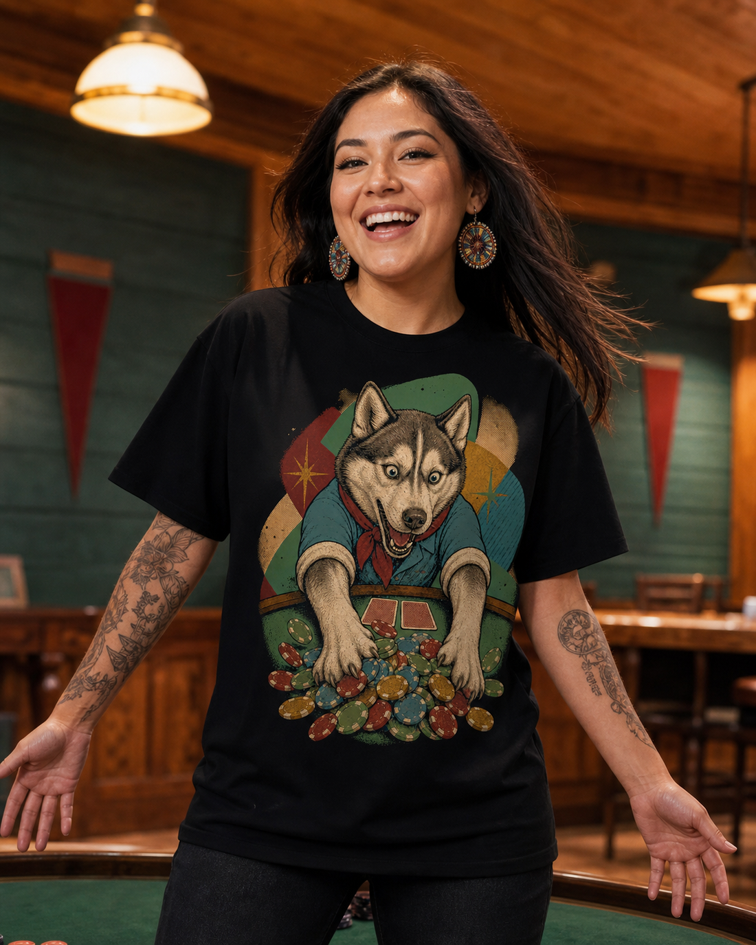 Husky All-In worn on a Black tee in the Drop 9 - Full House Hounds campaign