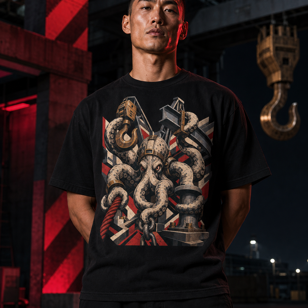 Kraken Dock Rigger Brutalist Mythic Industrial Graphic Tee