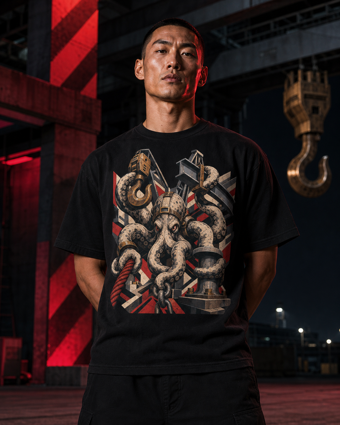Kraken Dock Rigger Brutalist Mythic Industrial Graphic Tee