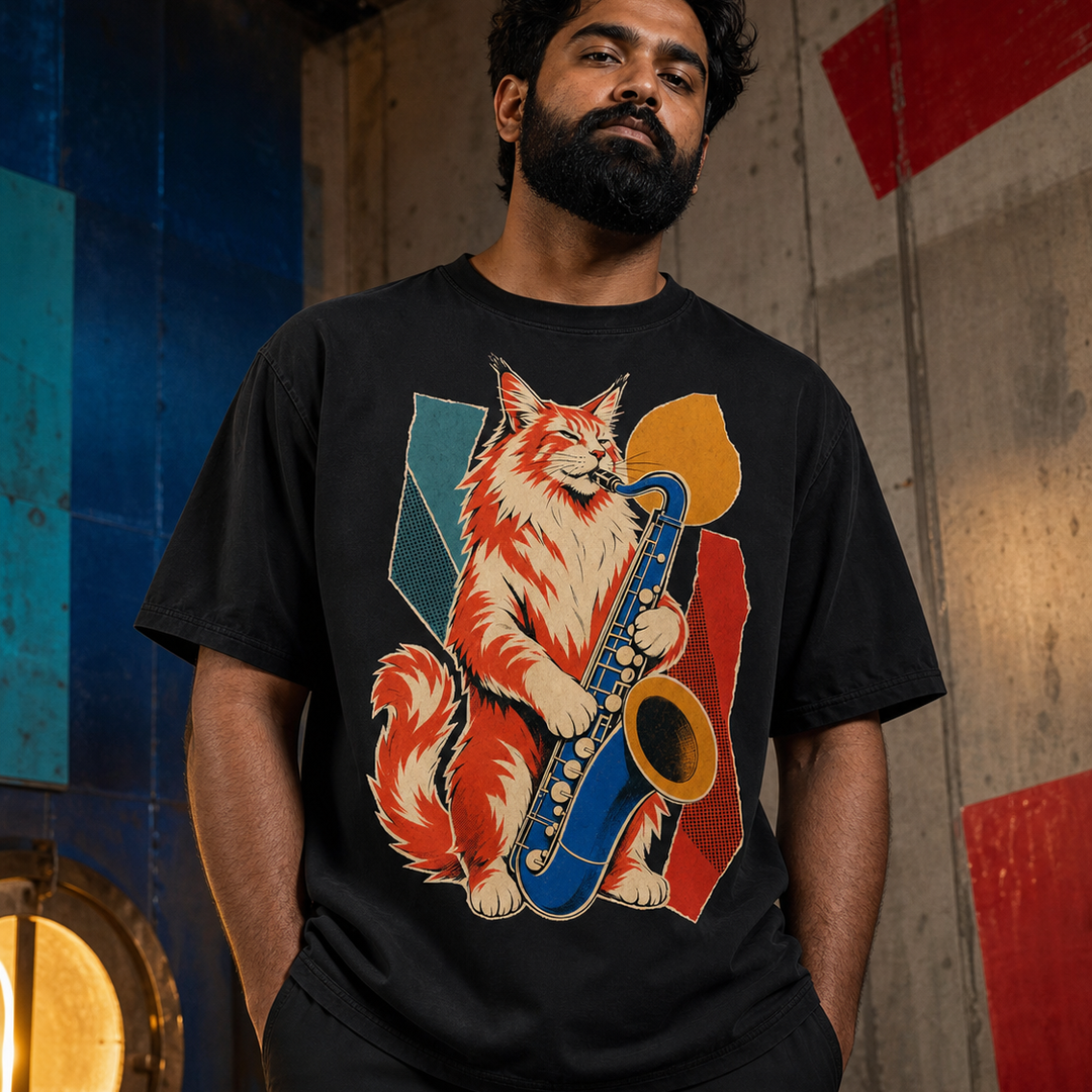 Maine Coon Baritone Sax Hard-Bop Collage Graphic Tee