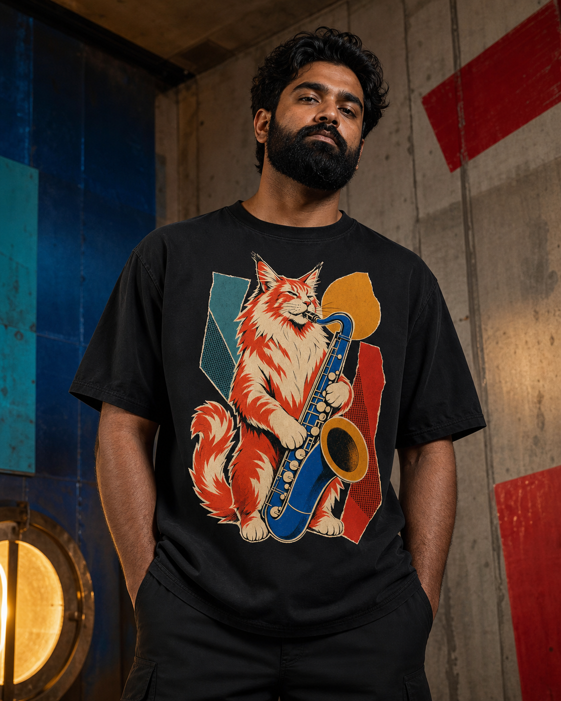 Maine Coon Baritone Sax Hard-Bop Collage Graphic Tee