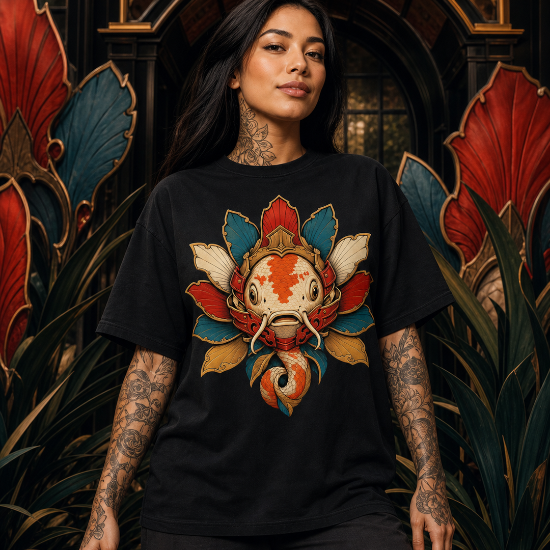 Mask Bloom Warden Surrealist Koi Samurai Graphic Tee
