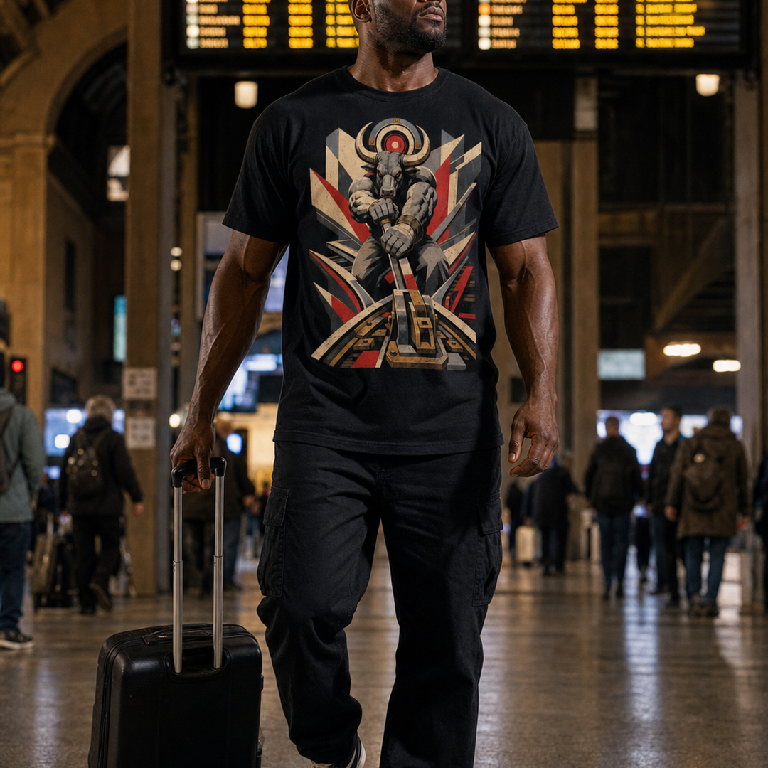 Minotaur Railmaster Brutalist Mythic Industrial Graphic Tee