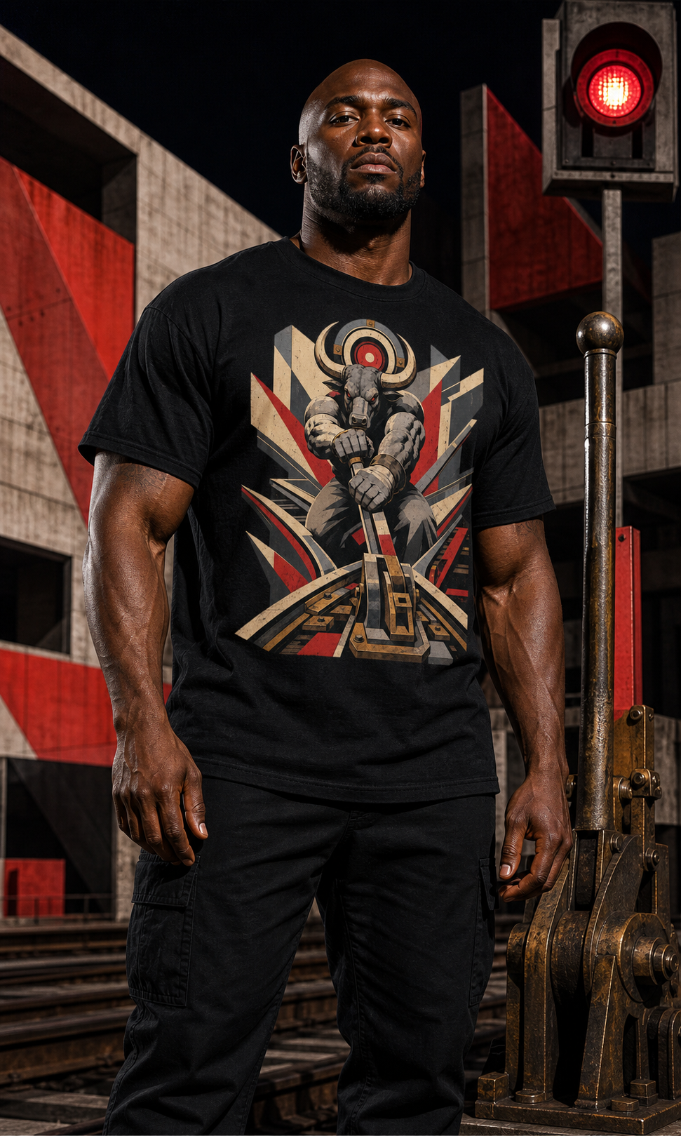 Minotaur Railmaster worn on a Black tee in the Drop 7 - Mythic Night Shift campaign