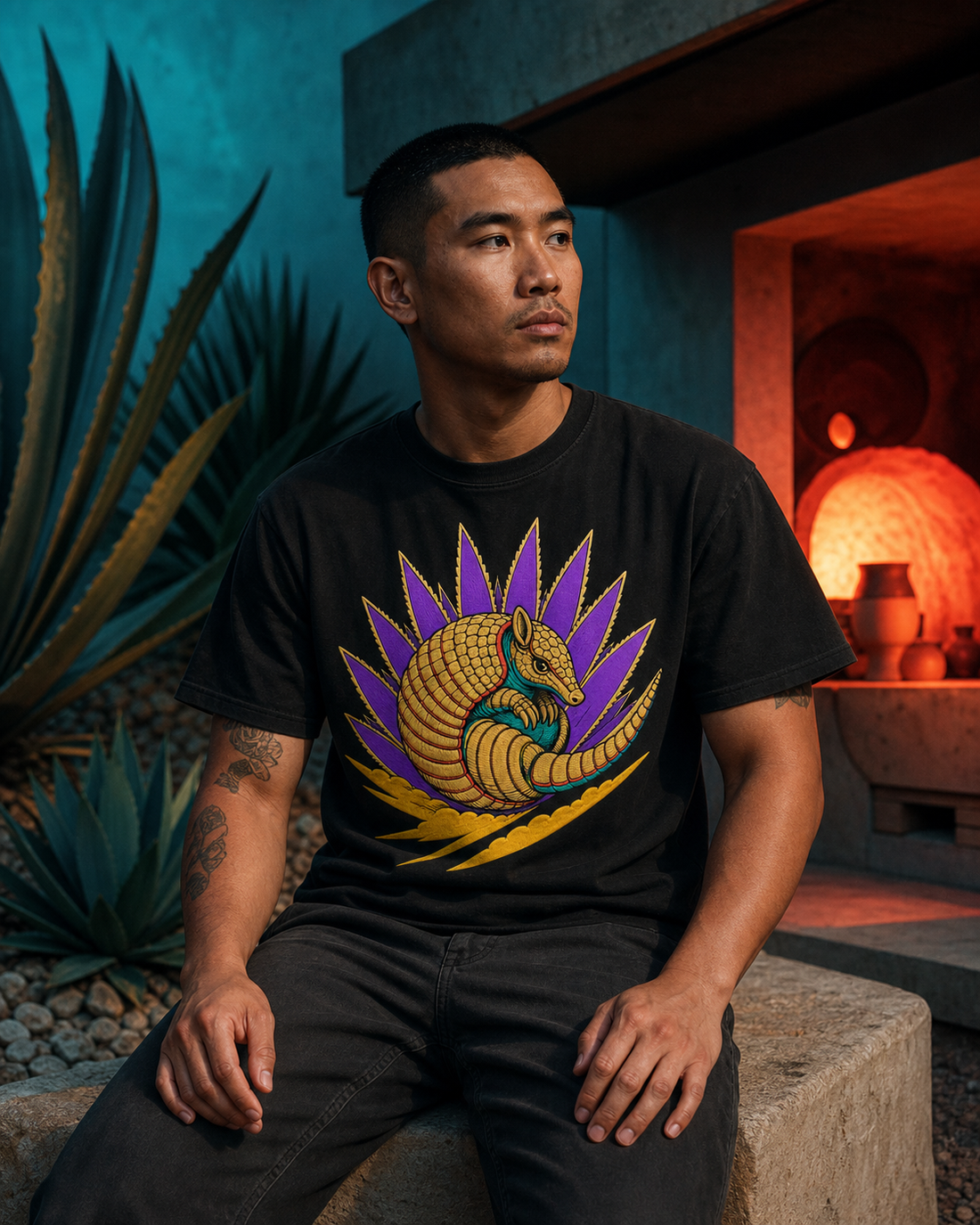 Agave Armadillo Embroidered Western Graphic Tee worn on a Black tee in the Drop 4 - Fever Bloom campaign