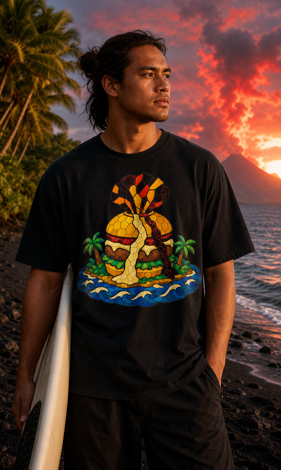 Burger Volcano Stained Glass Adventure Graphic Tee worn on a Black tee in the Drop 5 - Feast Quest campaign
