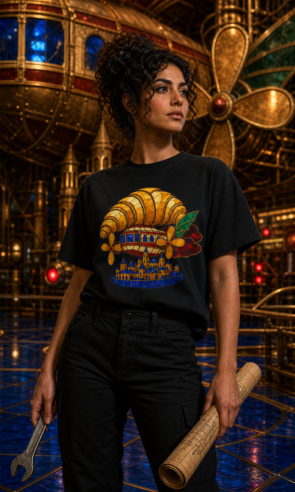 Croissant Airship Stained Glass Adventure Graphic Tee worn on a Black tee in the Drop 5 - Feast Quest campaign