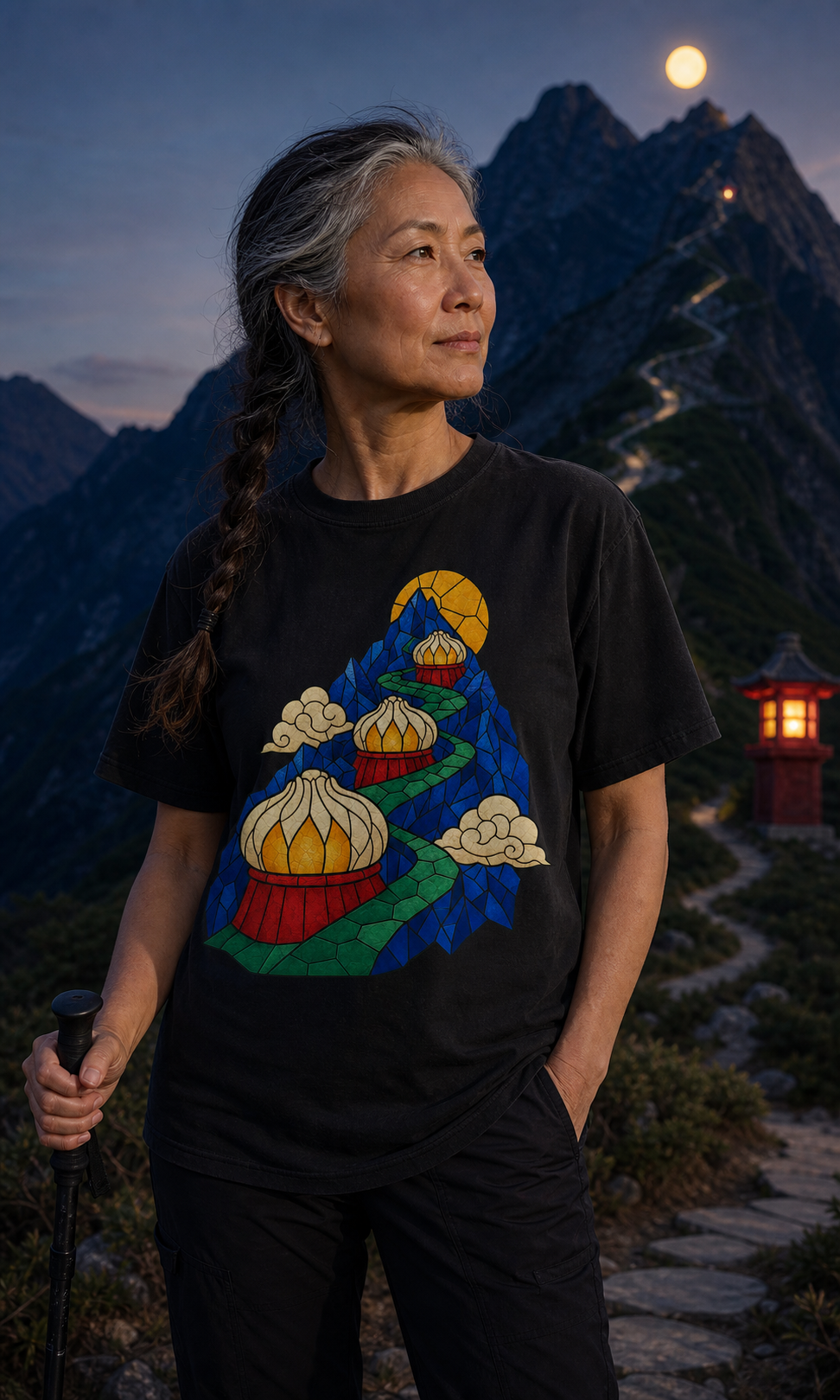 Dumpling Lantern Trail Stained Glass Adventure Graphic Tee worn on a Black tee in the Drop 5 - Feast Quest campaign