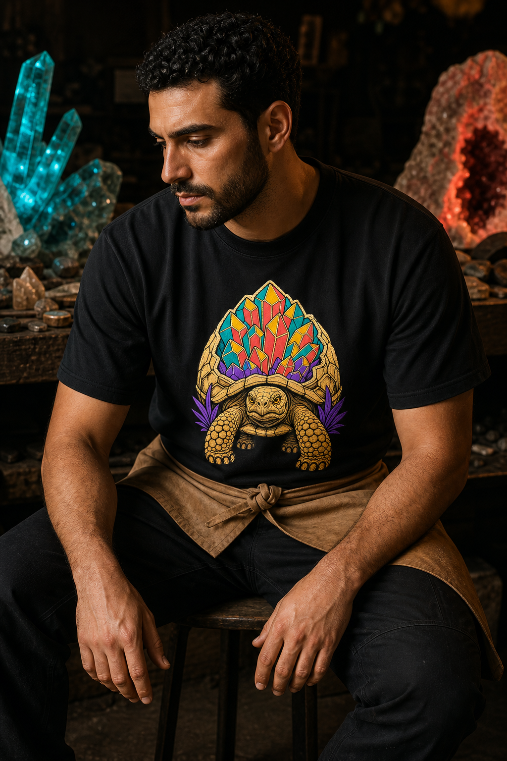 Geode Tortoise Embroidered Western Graphic Tee worn on a Black tee in the Drop 4 - Fever Bloom campaign