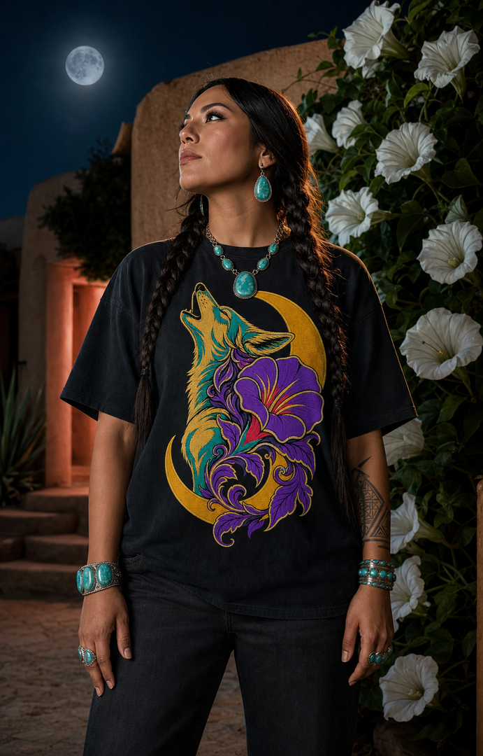 Moonflower Coyote Embroidered Western Graphic Tee