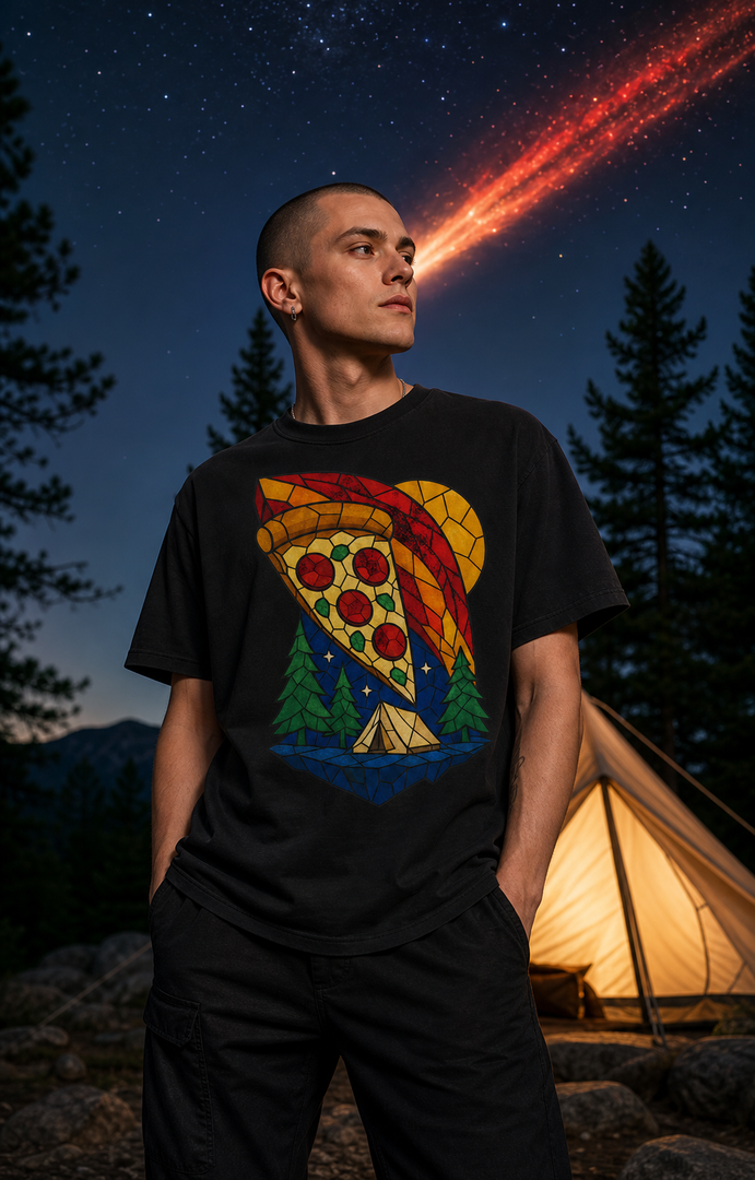 Pizza Meteor Camp Stained Glass Adventure Graphic Tee