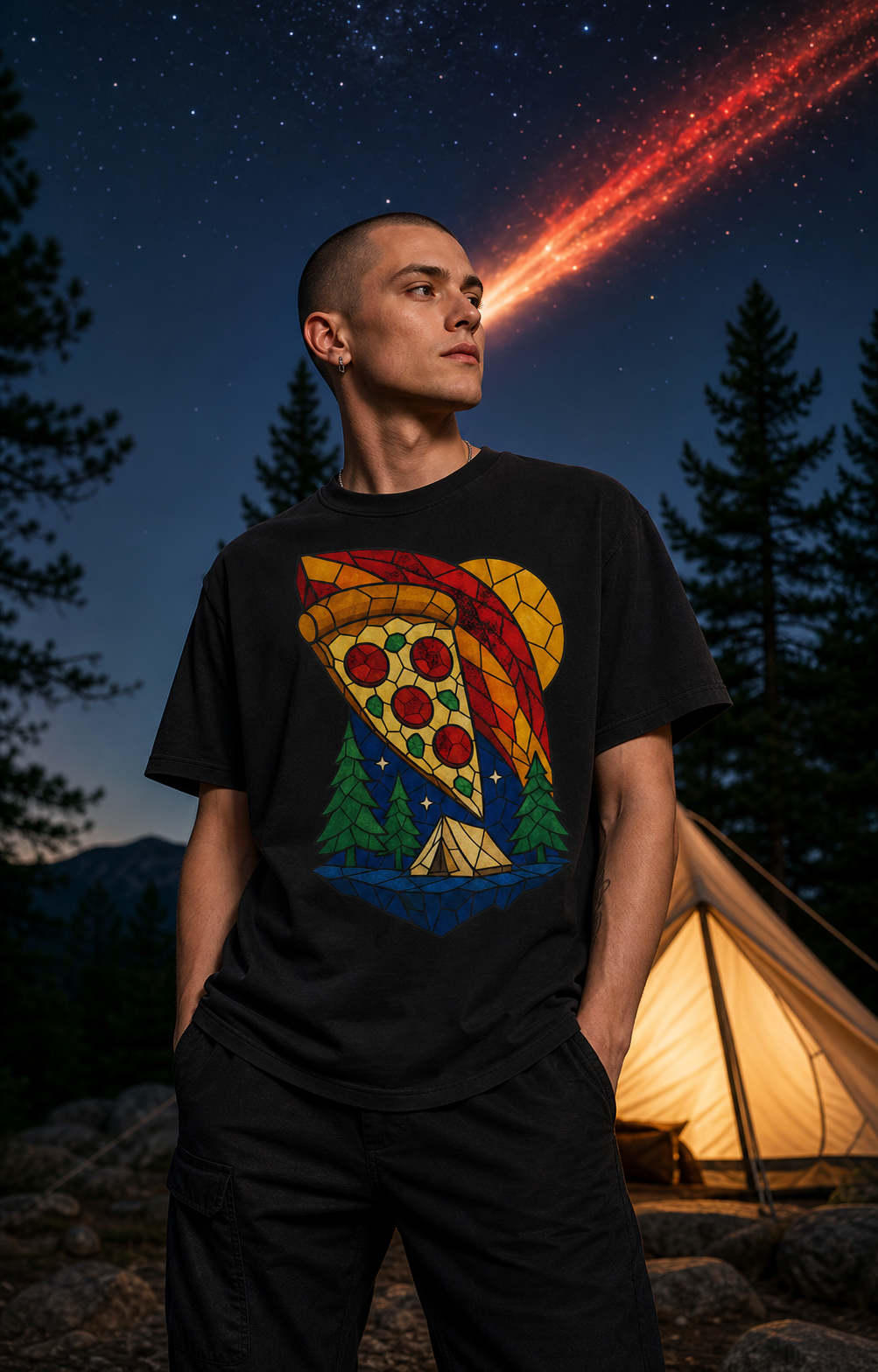 Pizza Meteor Camp Stained Glass Adventure Graphic Tee