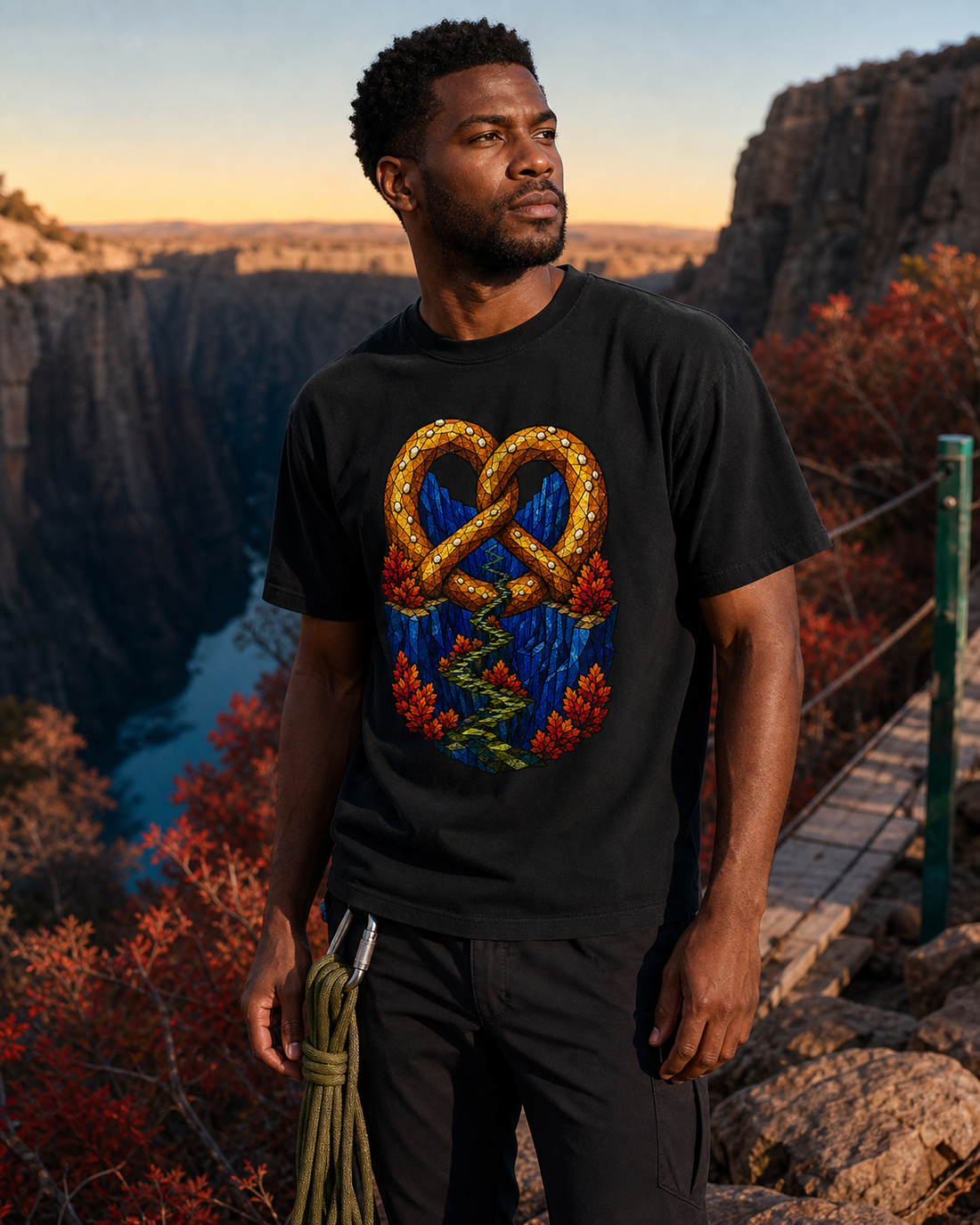 Pretzel Sky Bridge Stained Glass Adventure Graphic Tee worn on a Black tee in the Drop 5 - Feast Quest campaign