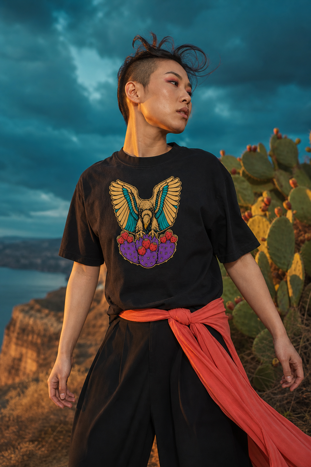 Prickly Pear Vulture Embroidered Western Graphic Tee worn on a Black tee in the Drop 4 - Fever Bloom campaign