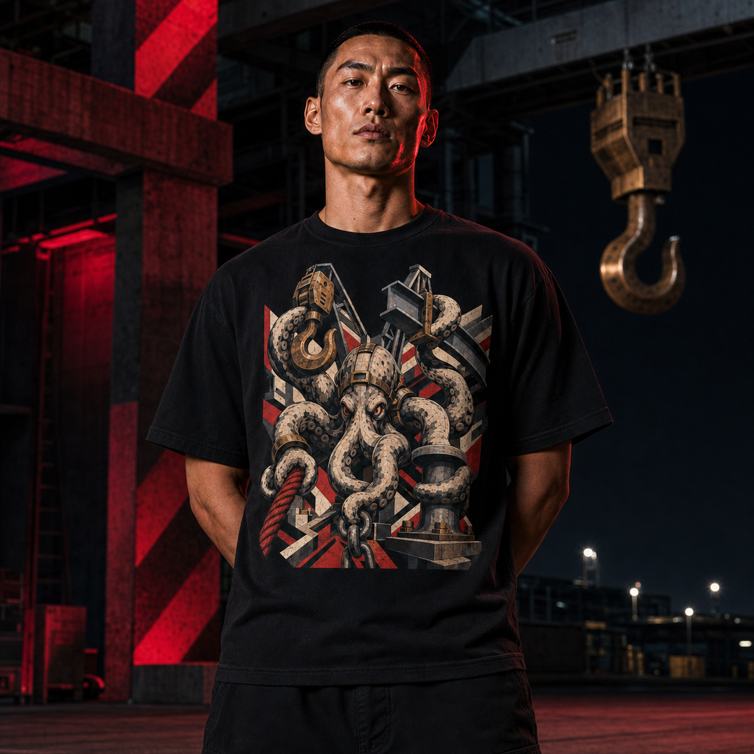 Kraken Dock Rigger Brutalist Mythic Industrial Graphic Tee