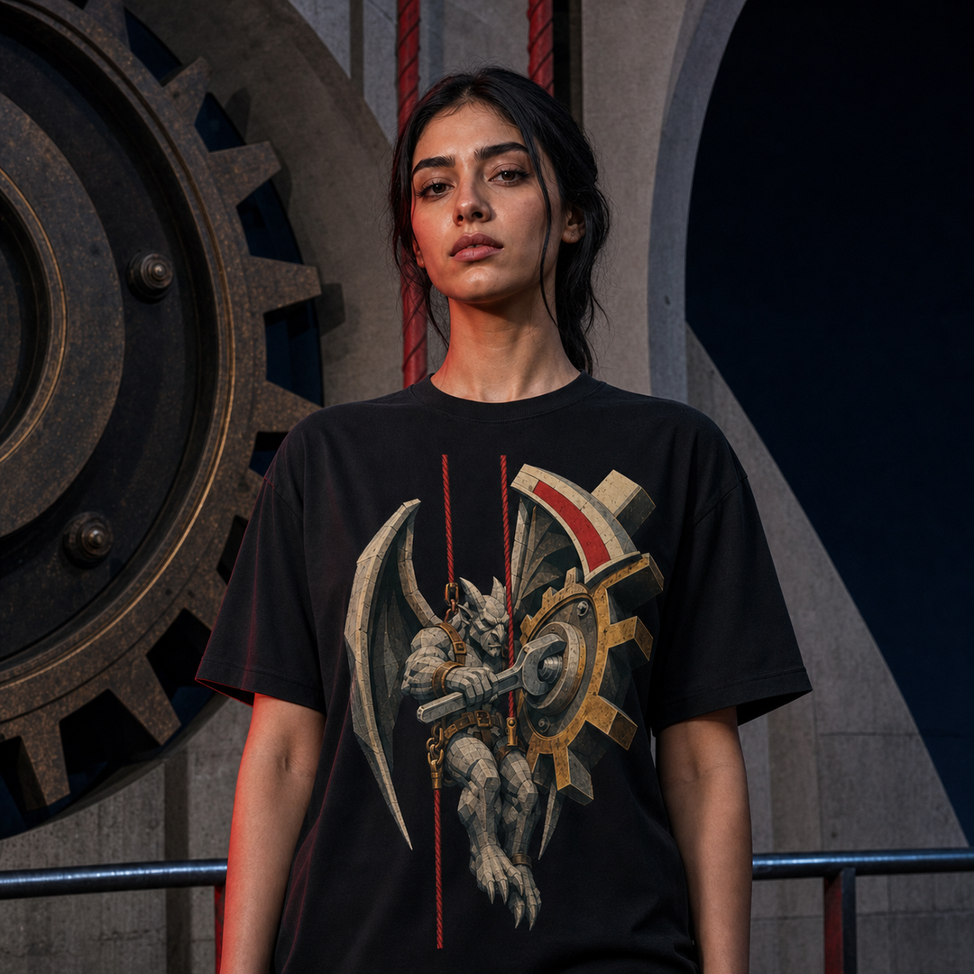 Gargoyle Tower Mechanic Brutalist Mythic Industrial Graphic Tee