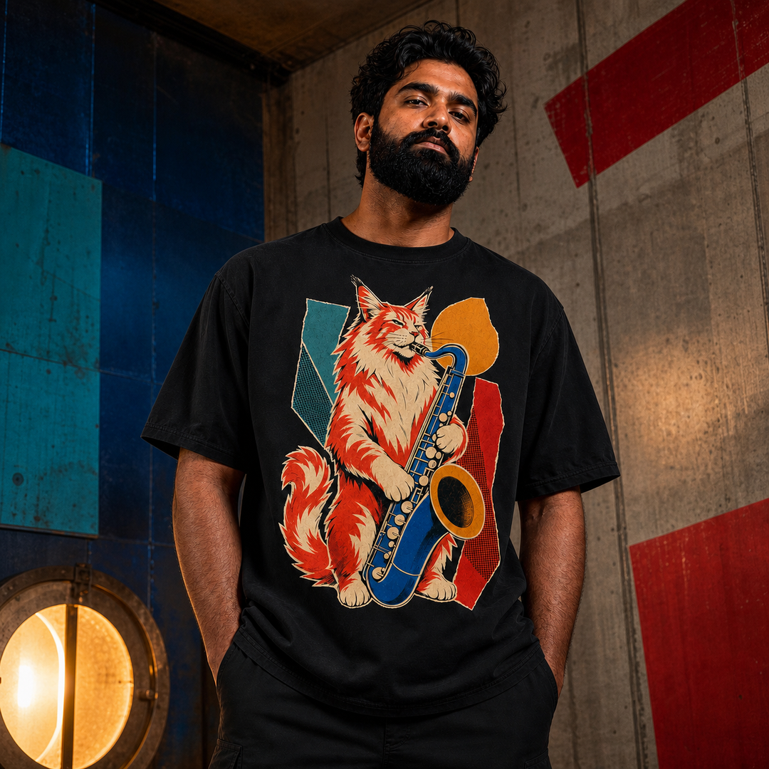 Maine Coon Baritone Sax Hard-Bop Collage Graphic Tee