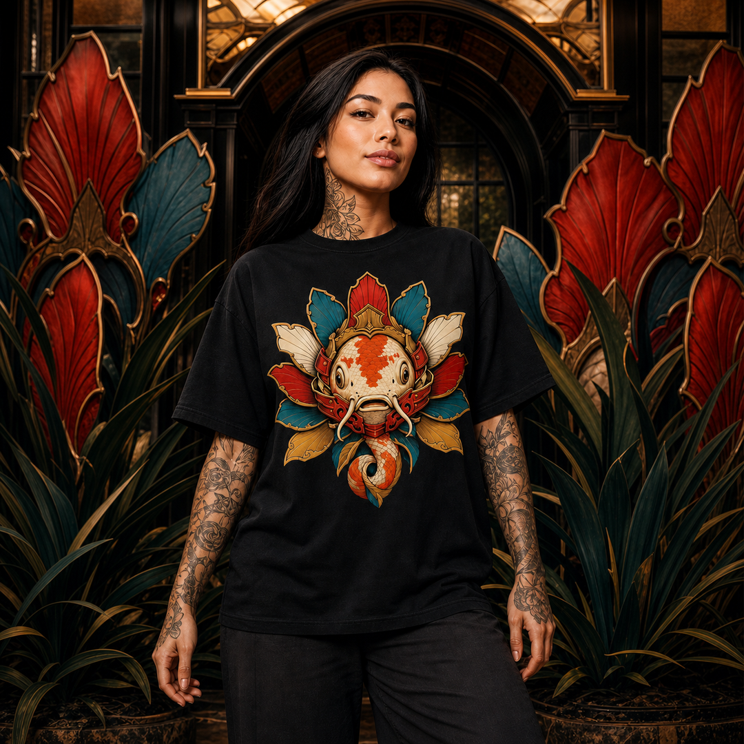Mask Bloom Warden Surrealist Koi Samurai Graphic Tee