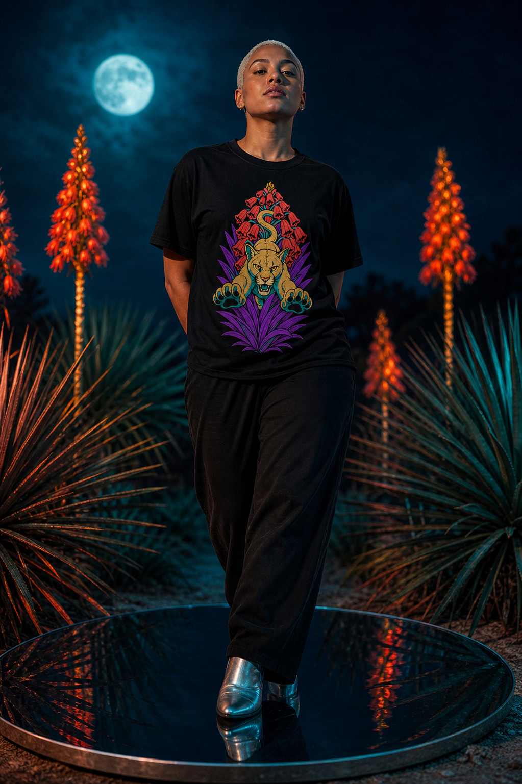 Yucca Puma Embroidered Western Graphic Tee worn on a Black tee in the Drop 4 - Fever Bloom campaign