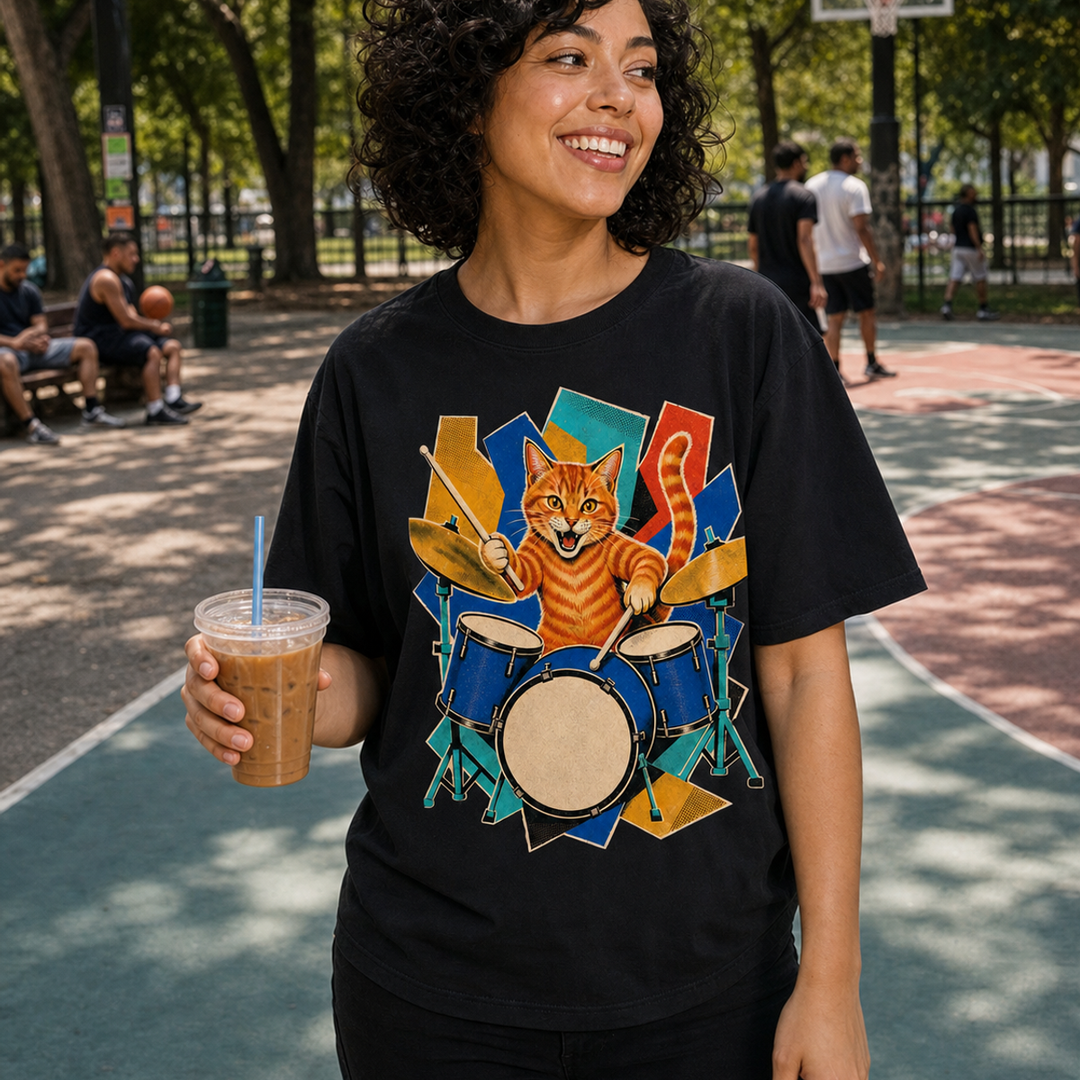 Orange Tabby Drum Kit Hard-Bop Collage Graphic Tee
