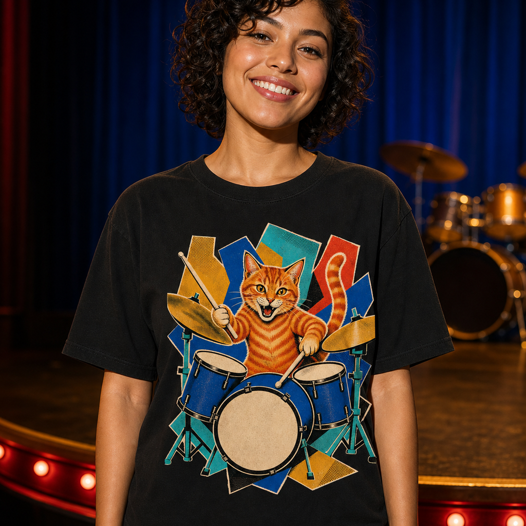 Orange Tabby Drum Kit Hard-Bop Collage Graphic Tee