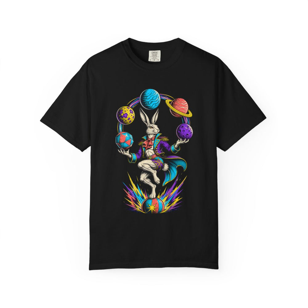 Orbit Hare Juggler Cosmic Sideshow Graphic Tee graphic on a Black tee