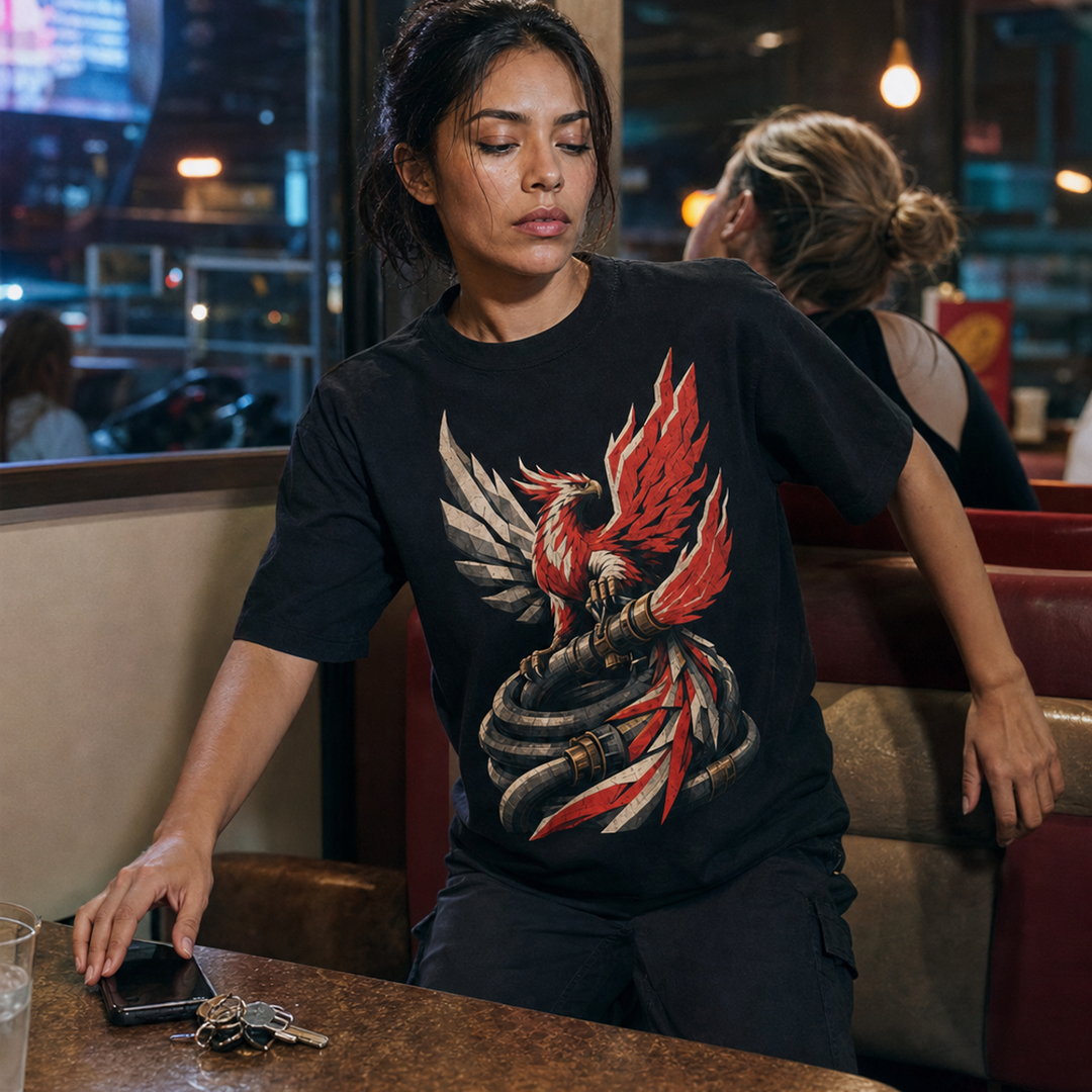 Phoenix Fire Crew Brutalist Mythic Industrial Graphic Tee