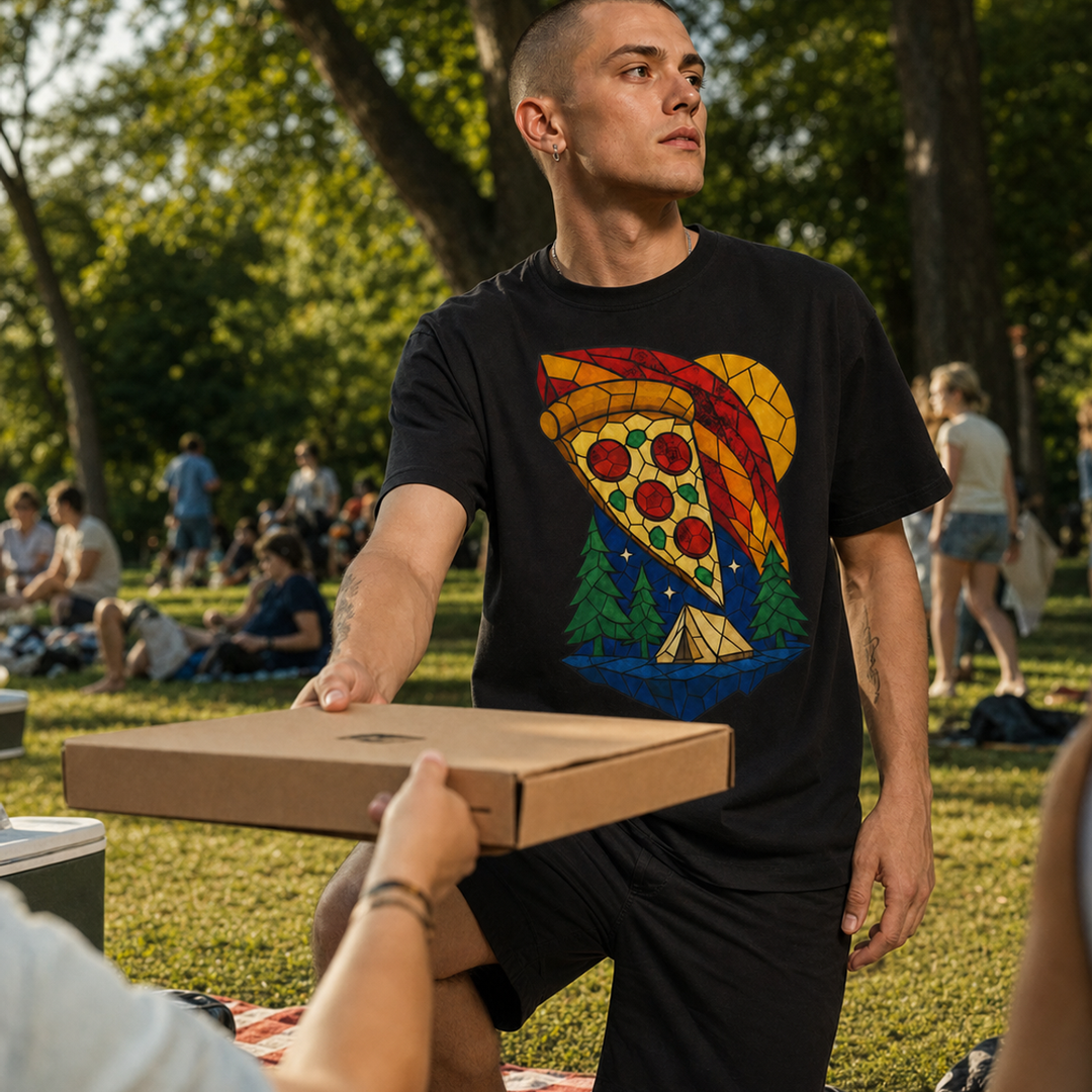 Pizza Meteor Camp Stained Glass Adventure Graphic Tee