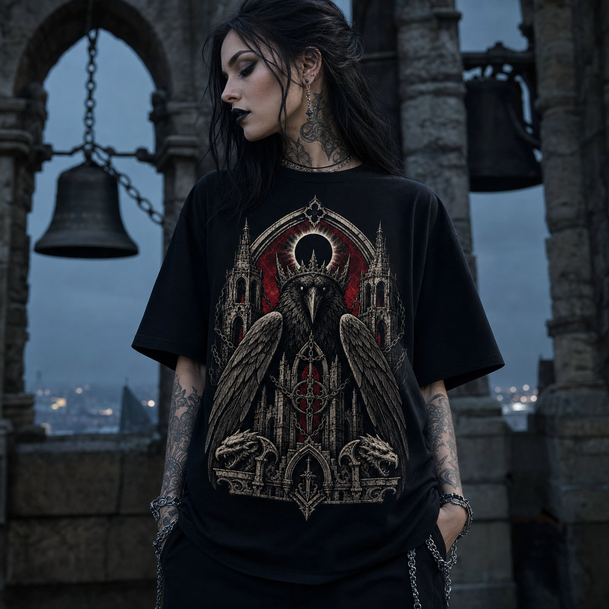 Raven Eclipse Cathedral Heavy Oversized Gothic Tee