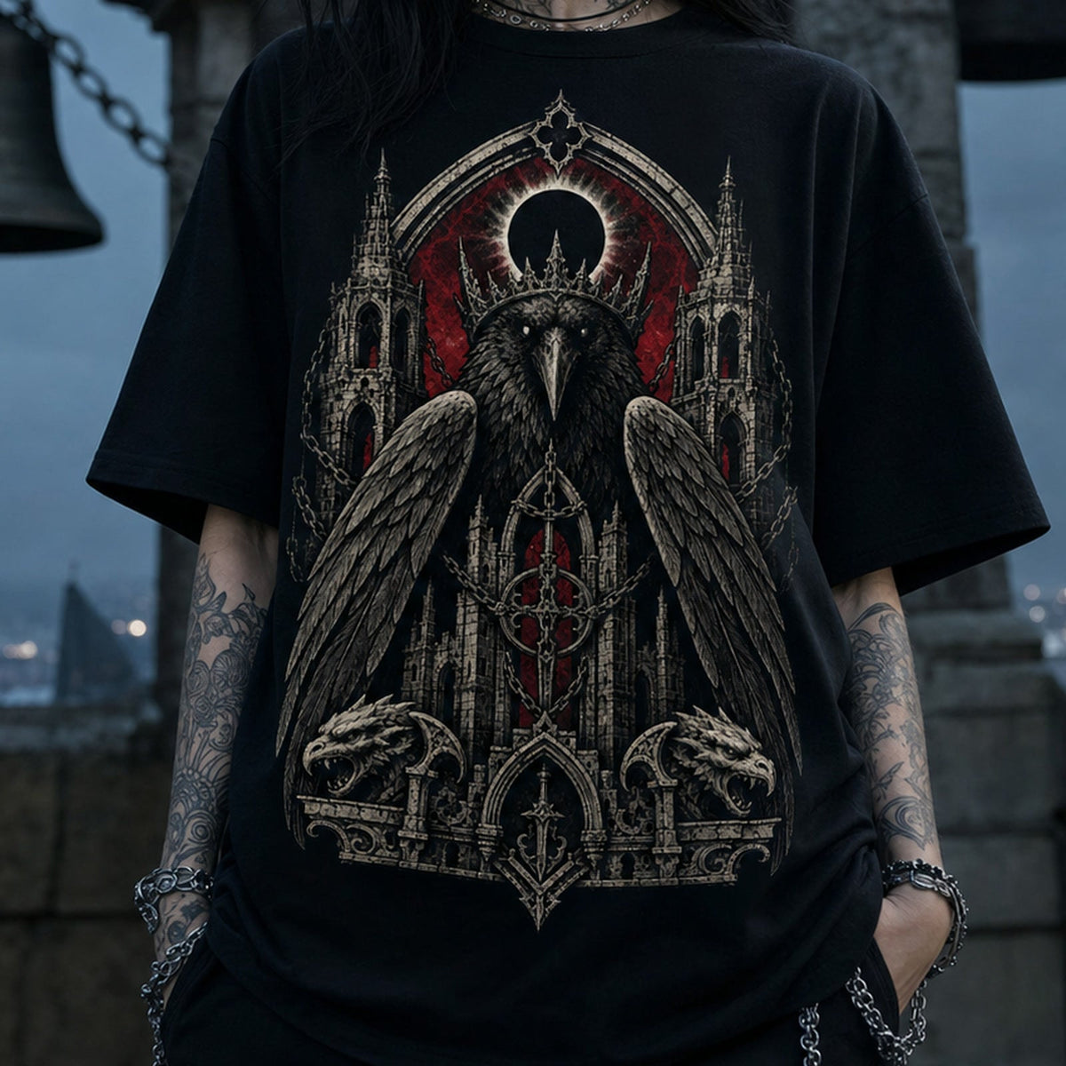 Raven Eclipse Cathedral Heavy Oversized Gothic Tee