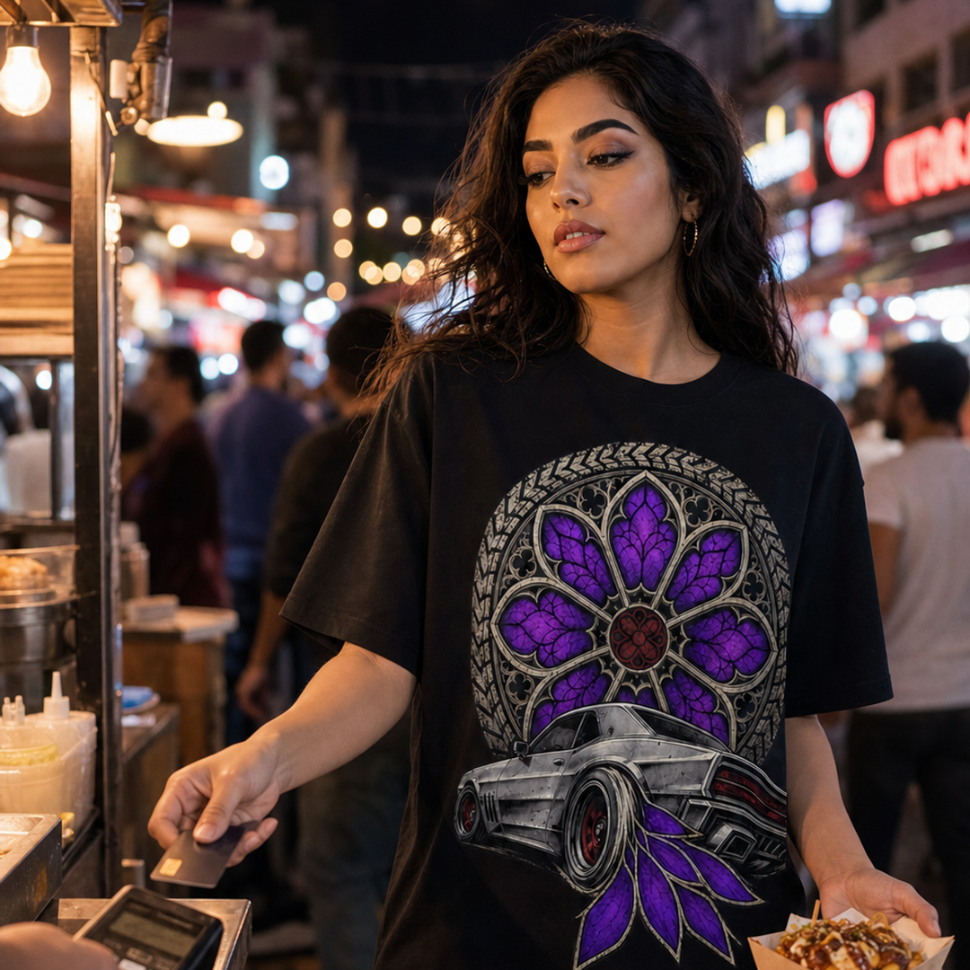 Rose Window Burnout Gothic Muscle Car Graphic Tee