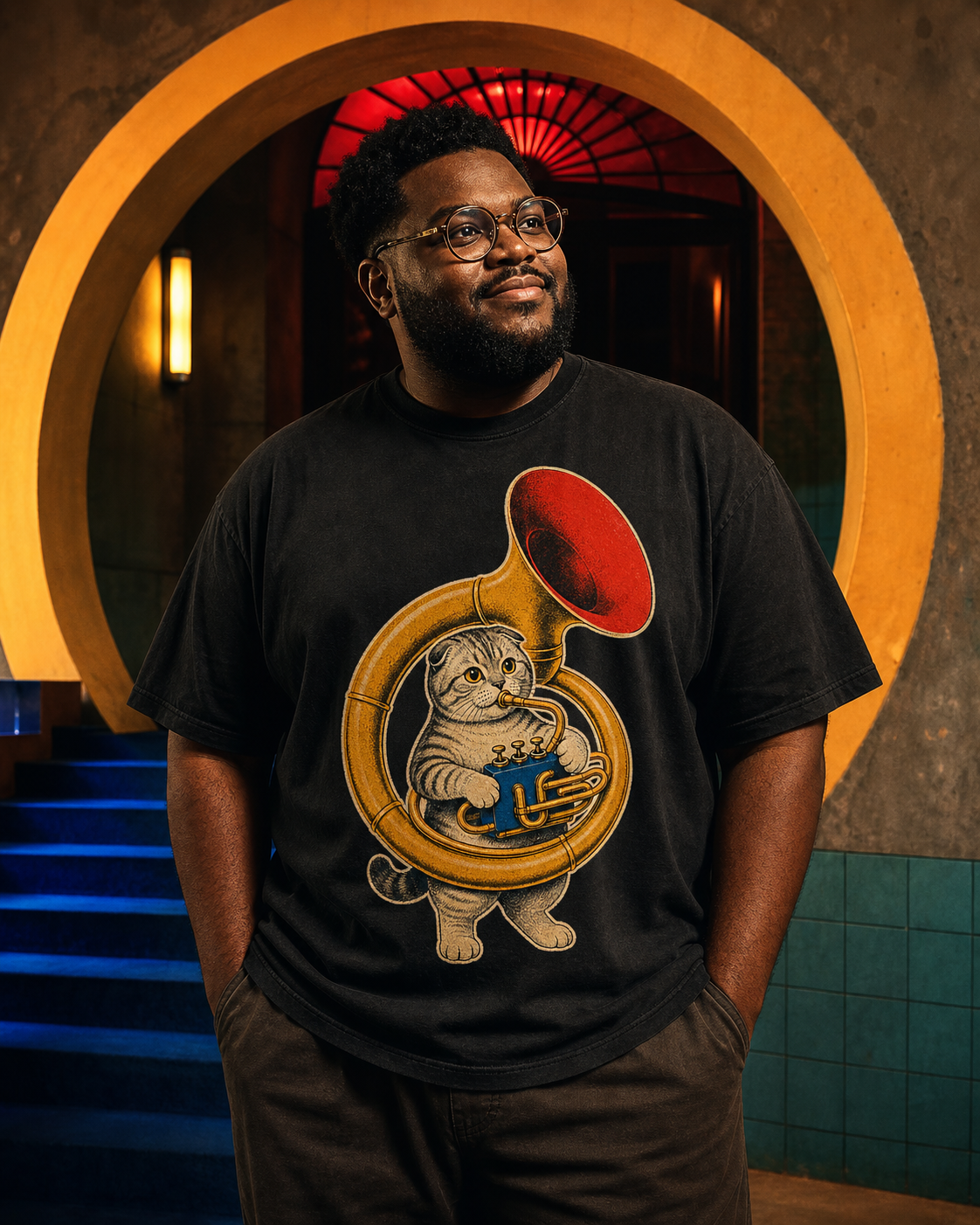 Scottish Fold Sousaphone worn on a Black tee in the Drop 8 - Jazzy Cats campaign