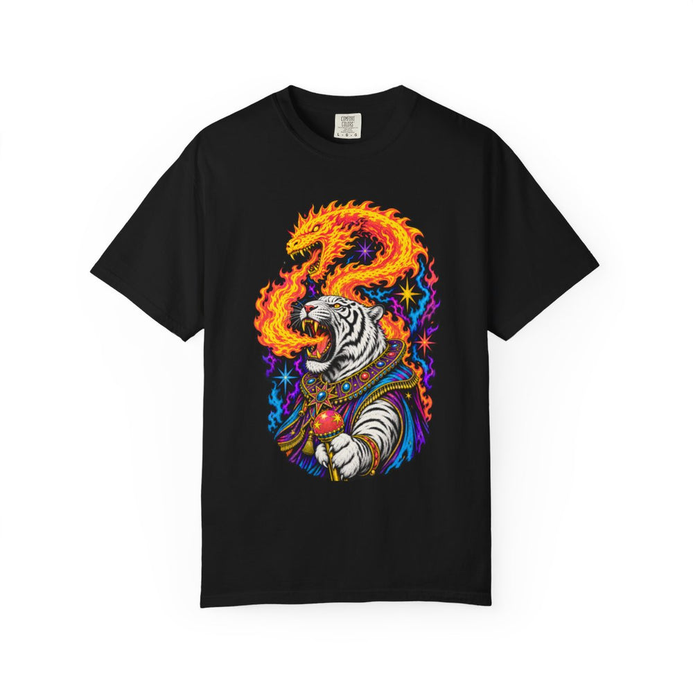 Solar Tiger Firebreather Cosmic Sideshow Graphic Tee graphic on a Black tee