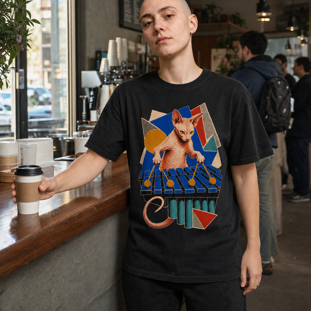 Sphynx Cat Vibraphone Hard-Bop Collage Graphic Tee