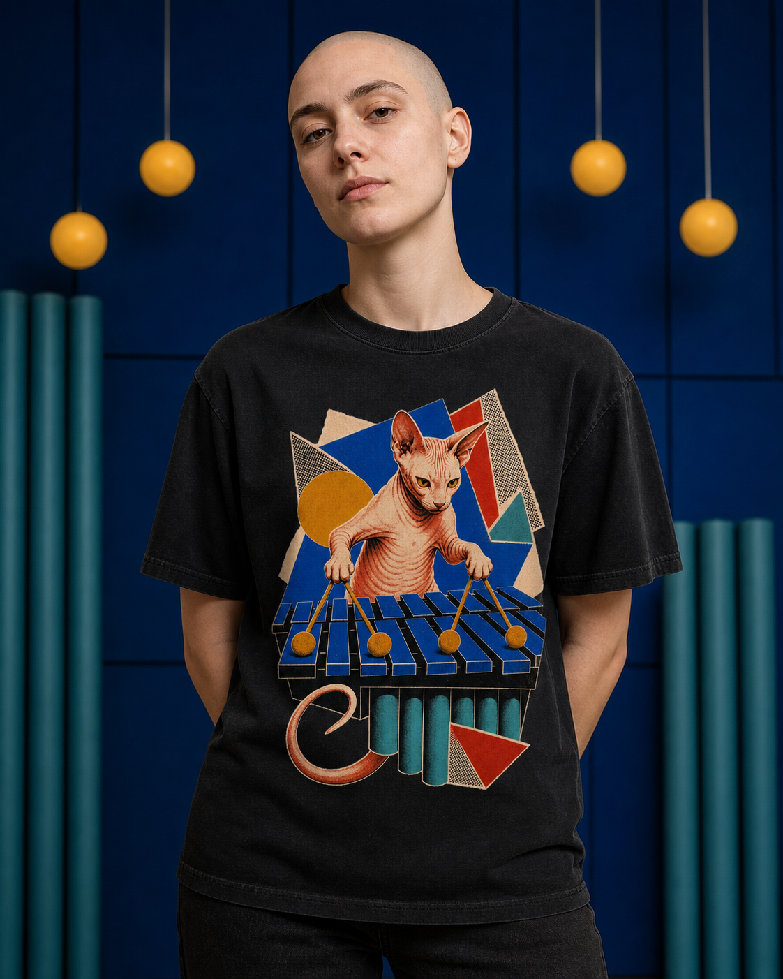 Sphynx Cat Vibraphone Hard-Bop Collage Graphic Tee