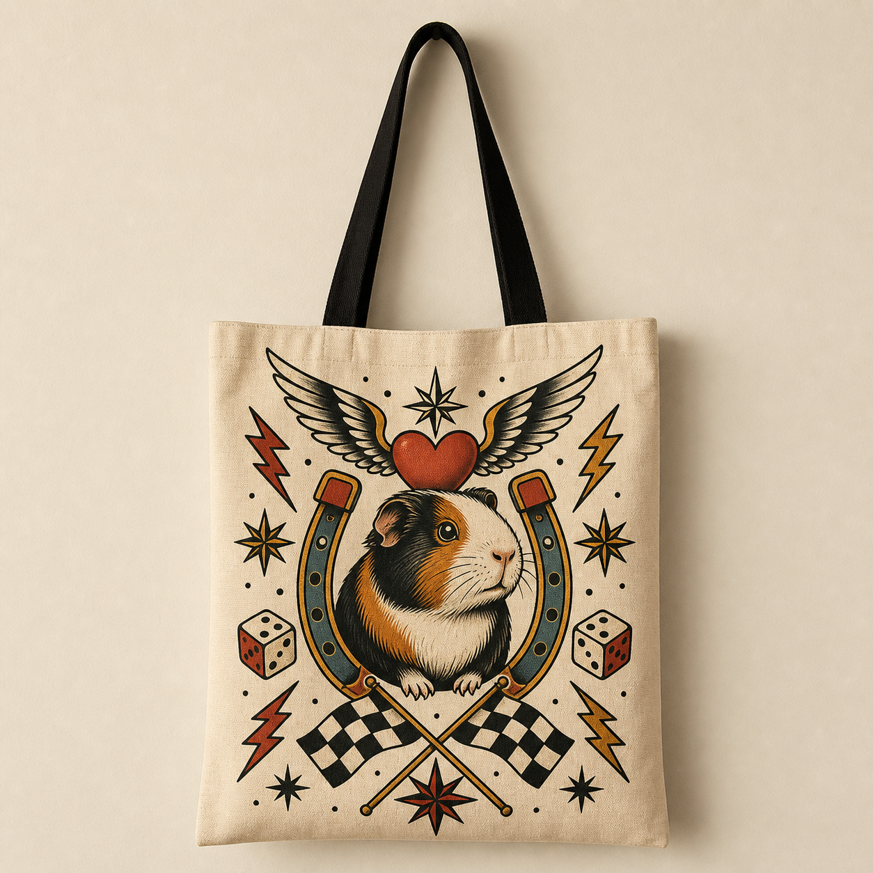 Custom Guinea Pig Vintage Tattoo Flash Tote Bag example artwork