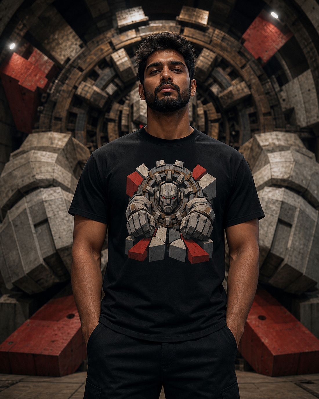 Tunnel-Borer Golem worn on a Black tee in the Drop 7 - Mythic Night Shift campaign