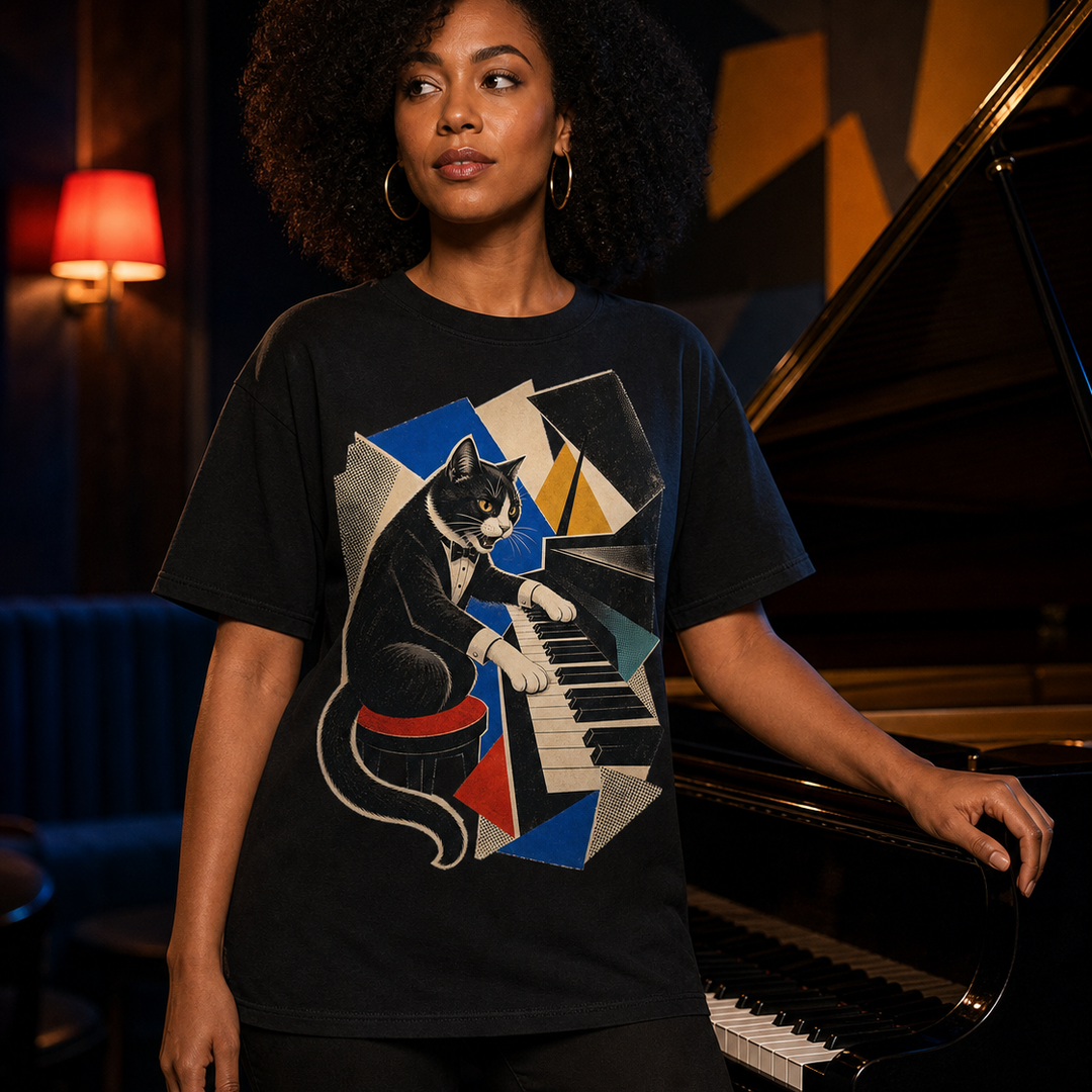 Tuxedo Cat Grand Piano Hard-Bop Collage Graphic Tee
