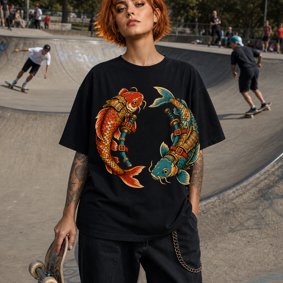 Twin Blade Orbit Surrealist Koi Samurai Graphic Tee