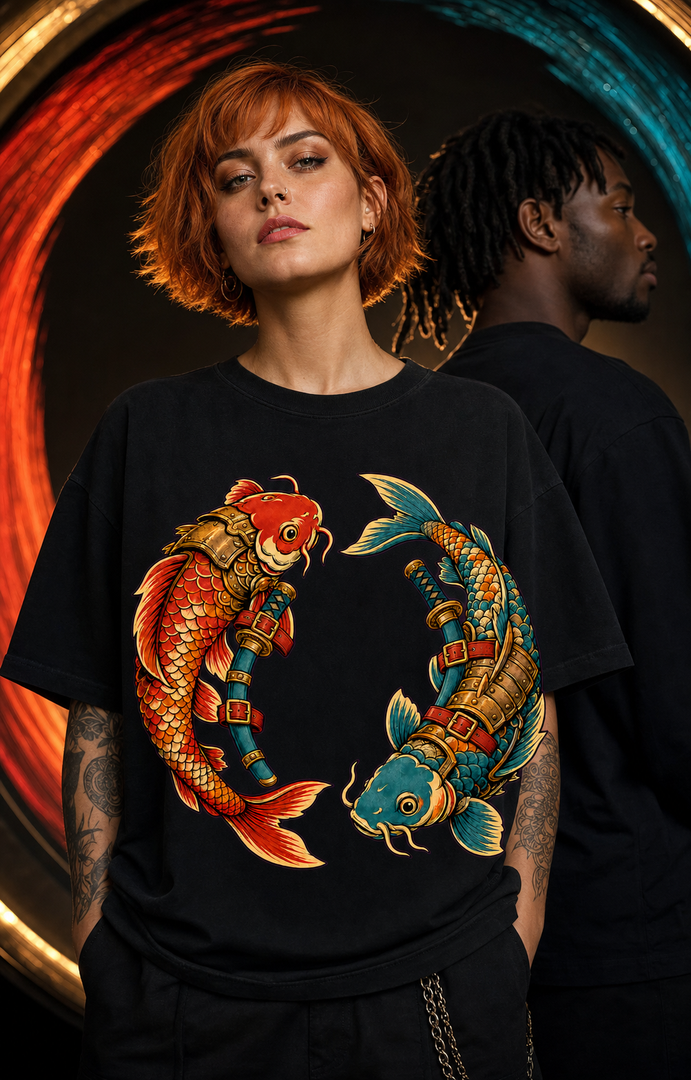 Twin Blade Orbit Surrealist Koi Samurai Graphic Tee