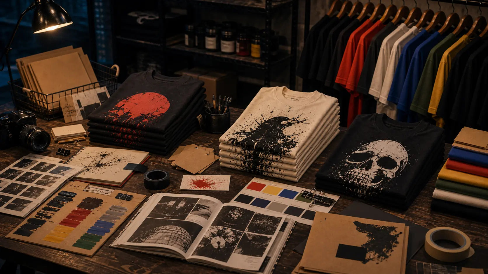Graphic tee editorial desk with zine pages, folded shirts, and print notes