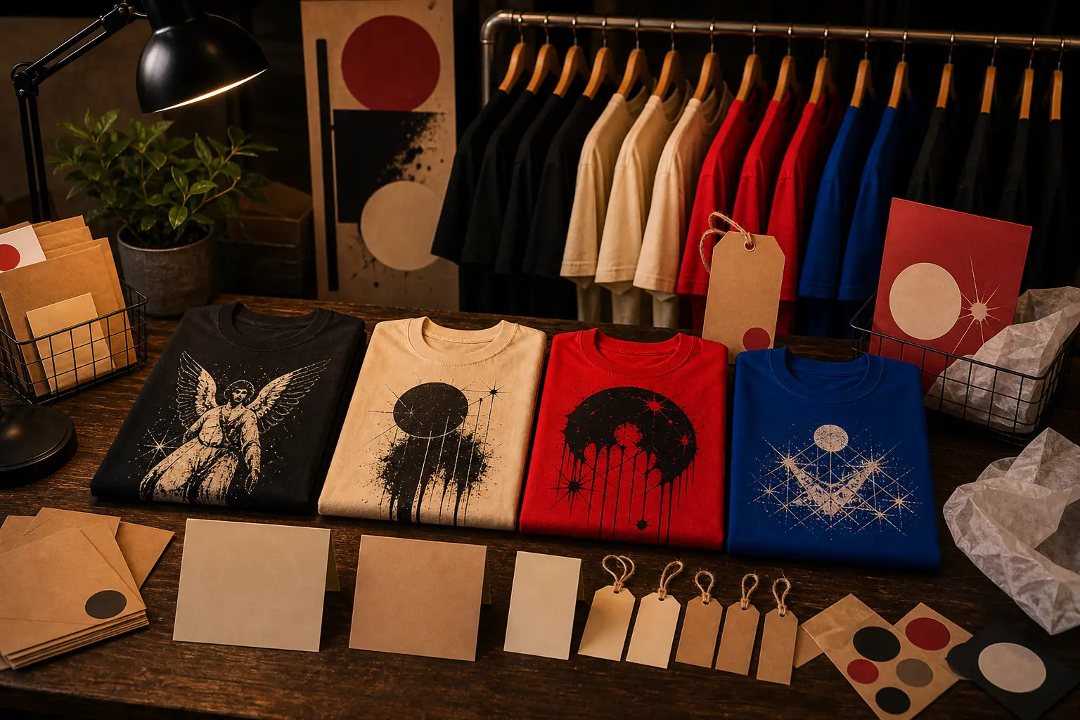 Premium graphic tee sale rack with folded shirts, blank markdown tags, rack wall, envelopes, stickers, and tissue paper